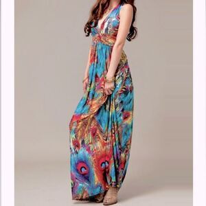 Toptie Flaming Peacock Colorful Print Boutique Halter Maxi Beach Dress